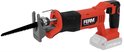 Rode en zwarte reciprozaag met een zaagblad. De accu is grijs met de tekst AX POWER 20V 2.0Ah.