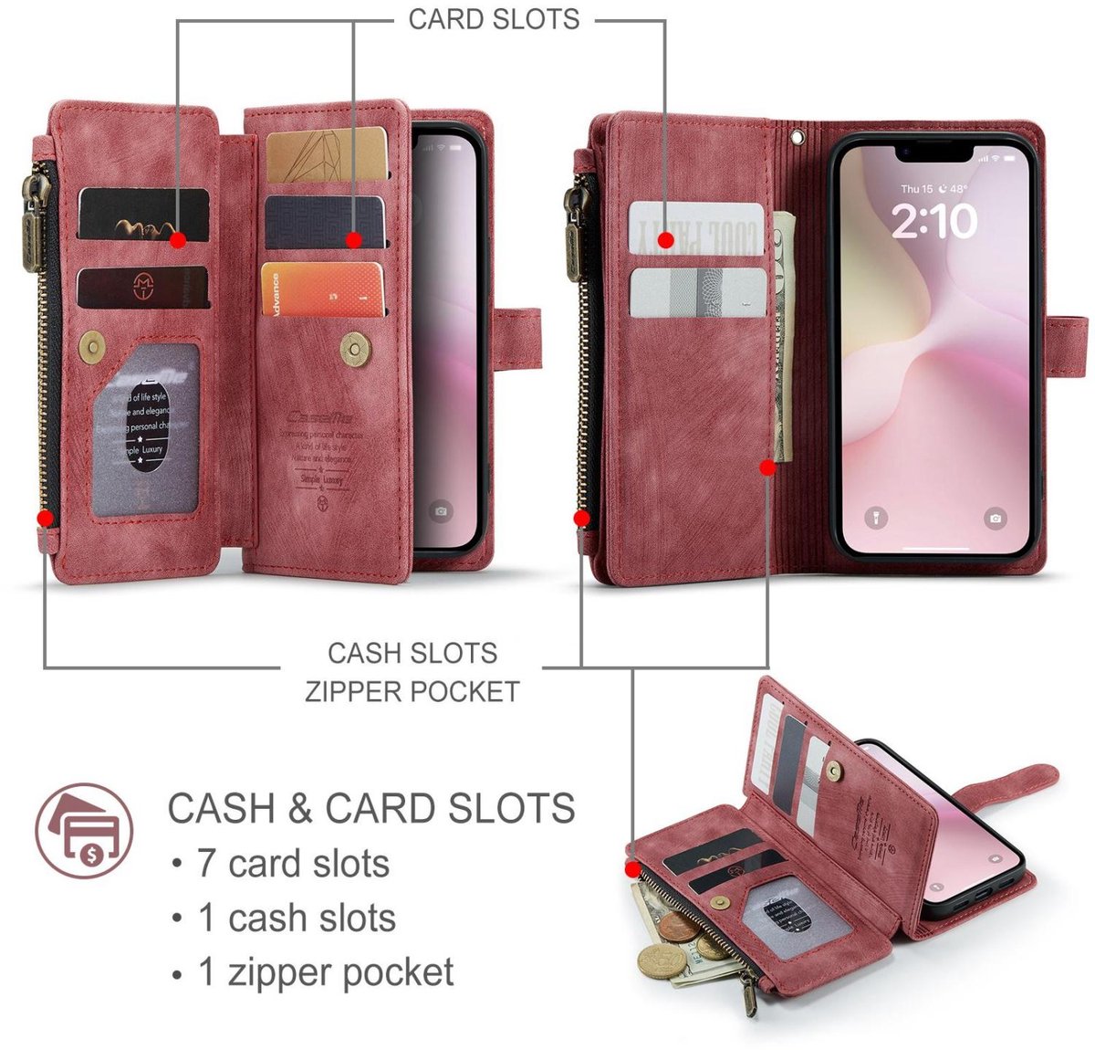 CaseMe Telefoonhoesje geschikt voor Apple iPhone 16e Hoesje | CaseMe C30 Bookcase Portemonnee | Pasjeshouder voor 5 Pasjes | Telefoonhoesje voor Pinpas / OV Kaart / Rijbewijs - Rood