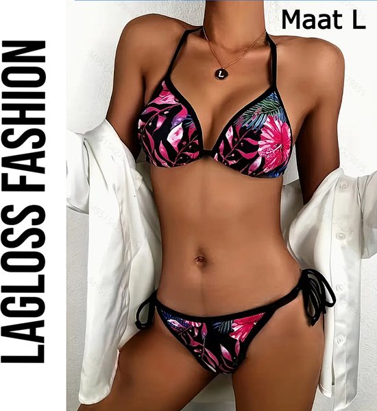Set bikini 2 pièces LaGloss® imprimé floral tropical Zwart – Taille L – Maillots de bain Trendy pour femme