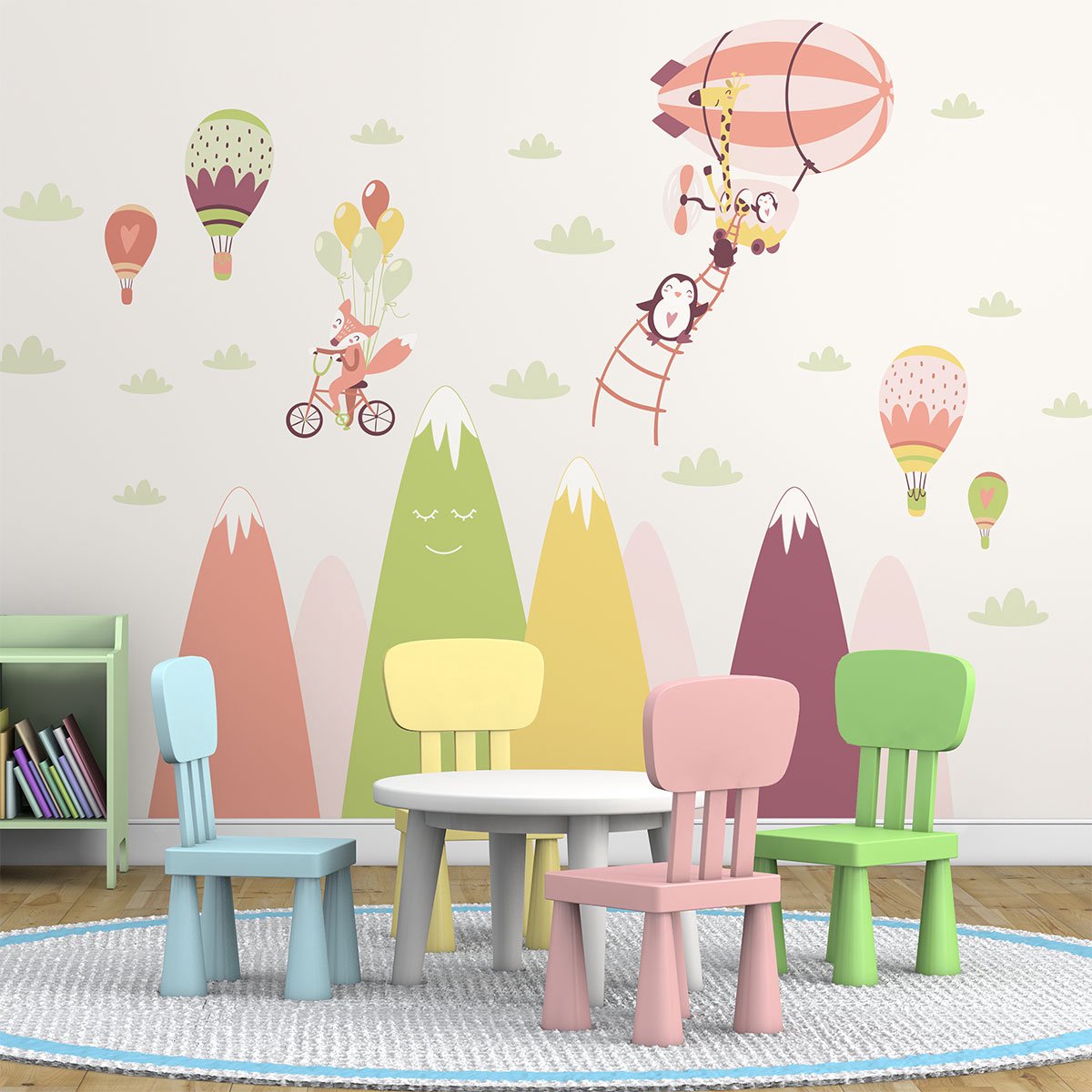 Ambiance Sticker Scandinavische bergstickers met gekke dieren die door de lucht vliegen, 110 x 165 cm Multi color