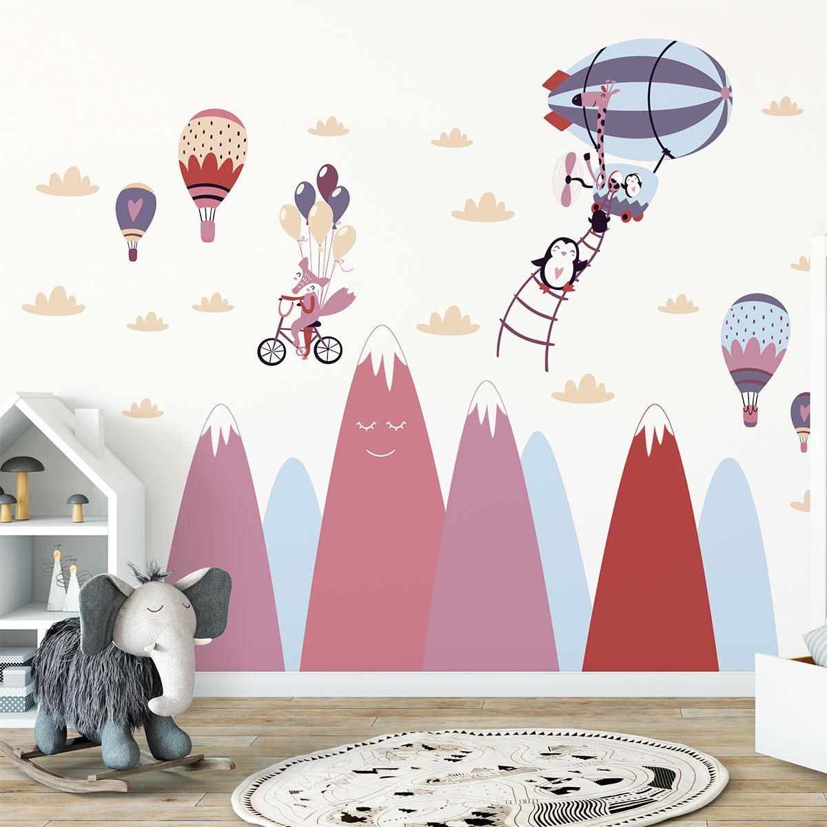 Ambiance Sticker Scandinavische bergstickers met vrij vliegende dieren, 90 x 135 cm Multi color