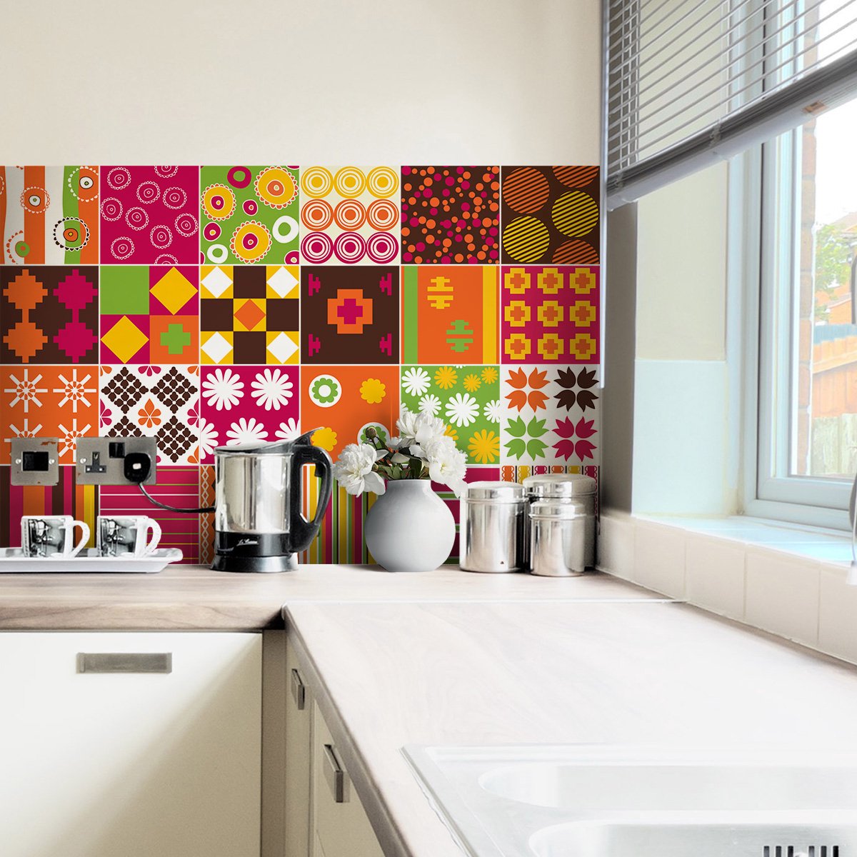 Ambiance Sticker Zelfklevende muurtegelstickers voor keuken en badkamer - 24 etnische Sagamihara tegelstickers - 24 stickers, 10x10cm Multi color