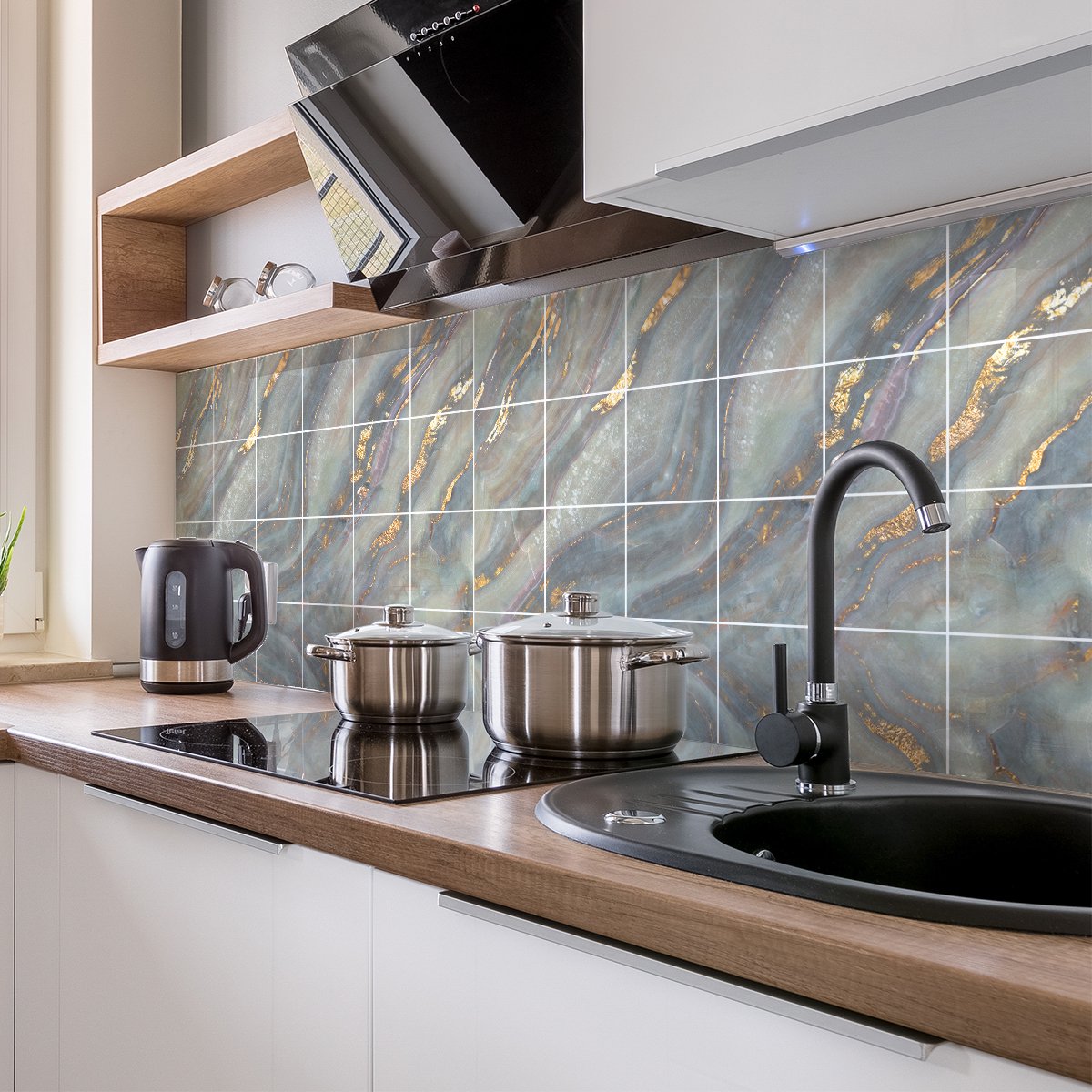 Ambiance Sticker Zelfklevende muurtegelstickers voor keuken en badkamer - 24 stickers met Santa Antoni grijze marmeren tegels - 24 stickers, 15x15 cm Multi color