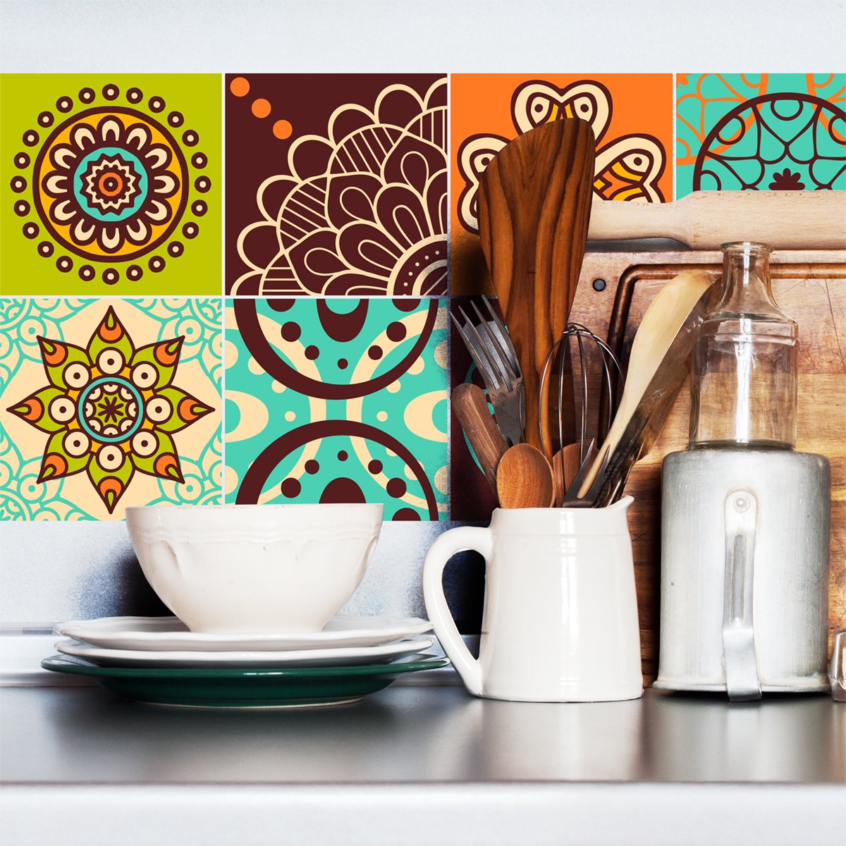 Ambiance Sticker Zelfklevende tegelmuurstickers voor keuken en badkamer - 15 Rosario cementtegelstickers - 15 stickers 20x20cm Multi color