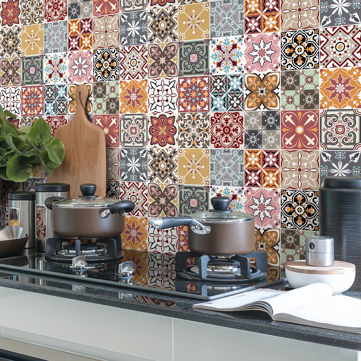 Ambiance Sticker Zelfklevende tegelmuurstickers voor keuken en badkamer - 24 cementtegelstickers, Azulejos Sevrinia-stijl - 24 stickers, 10x10 cm Multi color