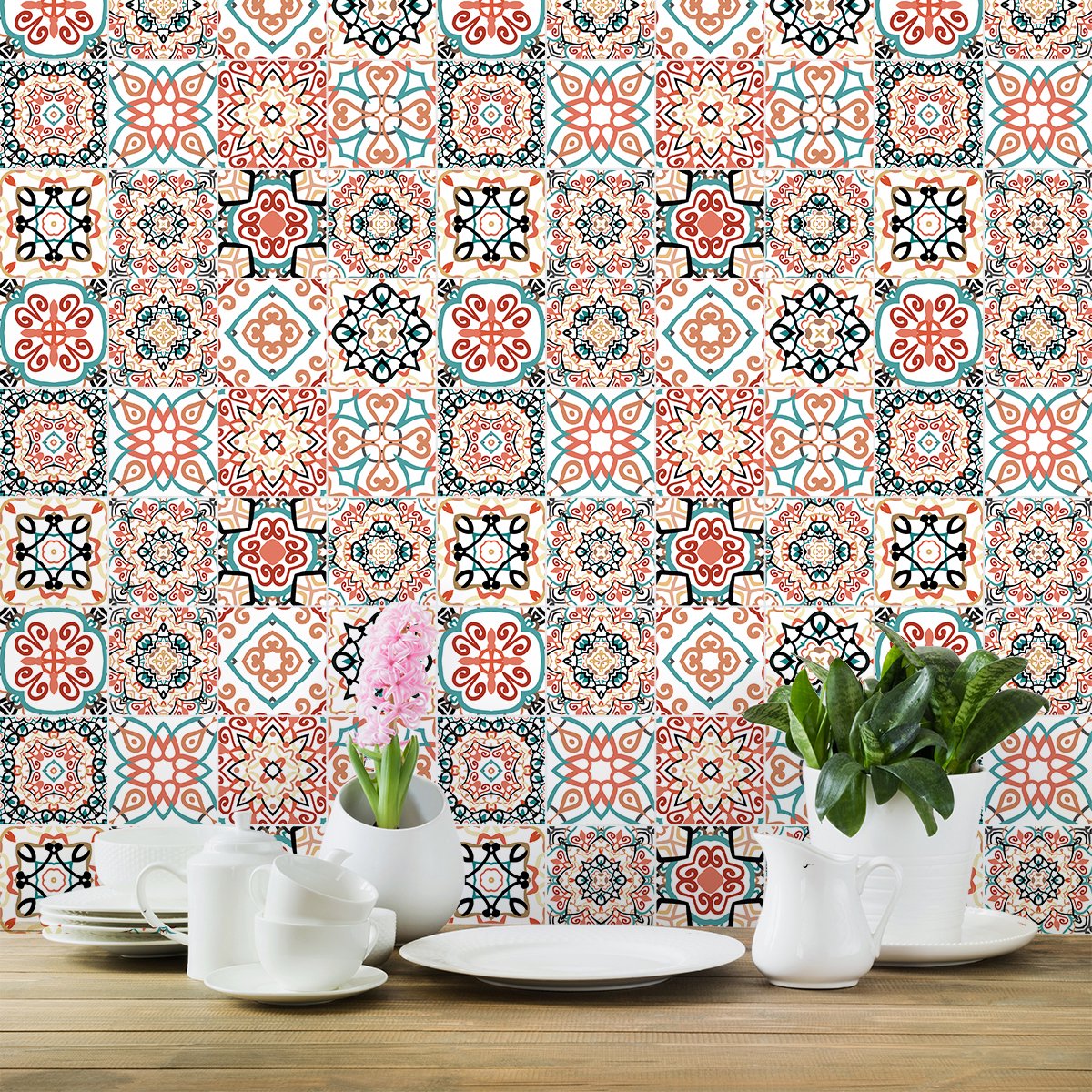 Ambiance Sticker Zelfklevende tegelmuurstickers voor keuken en badkamer - 24 Azulejos cementtegelstickers - 24 stickers, 15x15cm Multi color