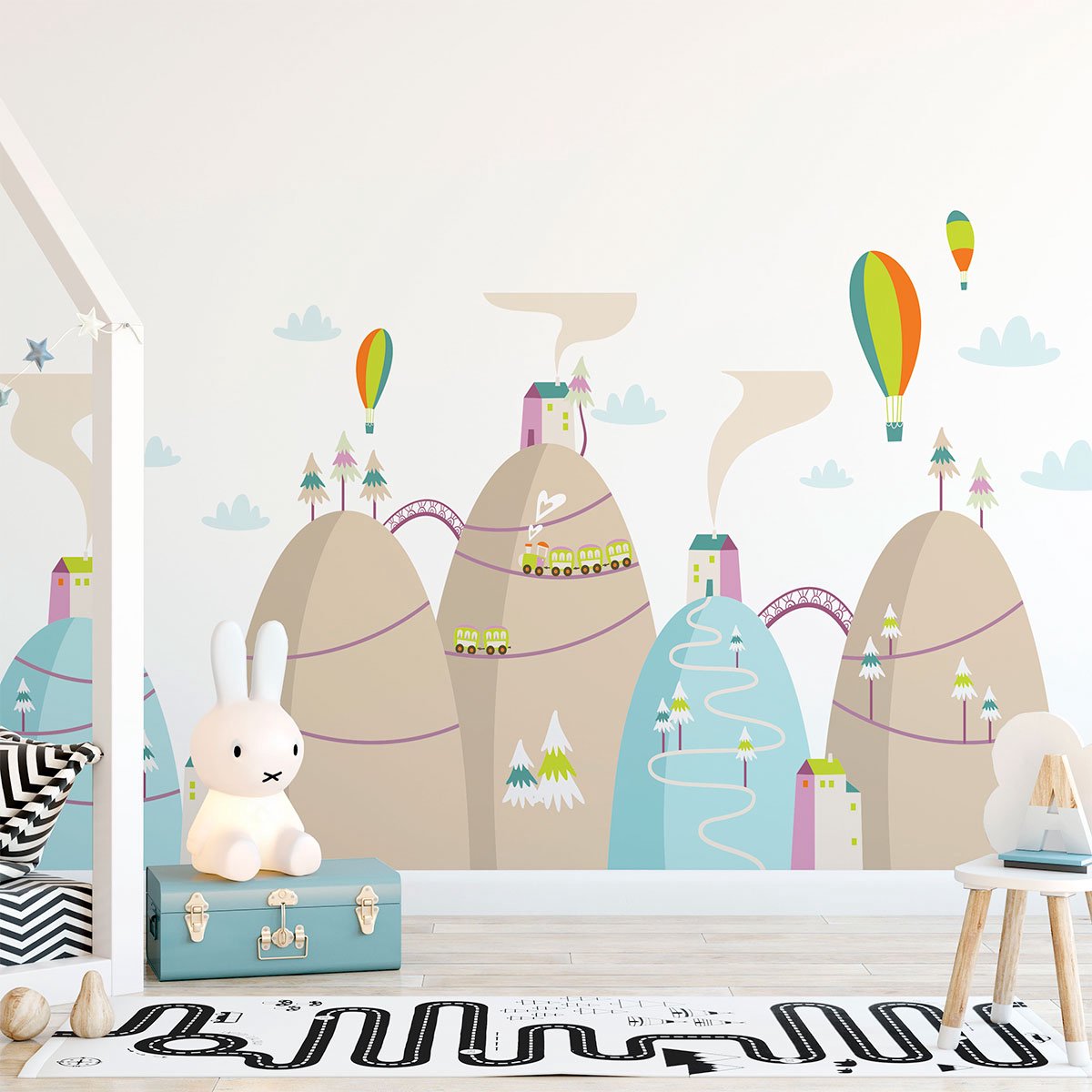 Ambiance Sticker Scandinavische bergstickers met hoogvliegende heteluchtballonnen, 120 x 180 cm Multi color