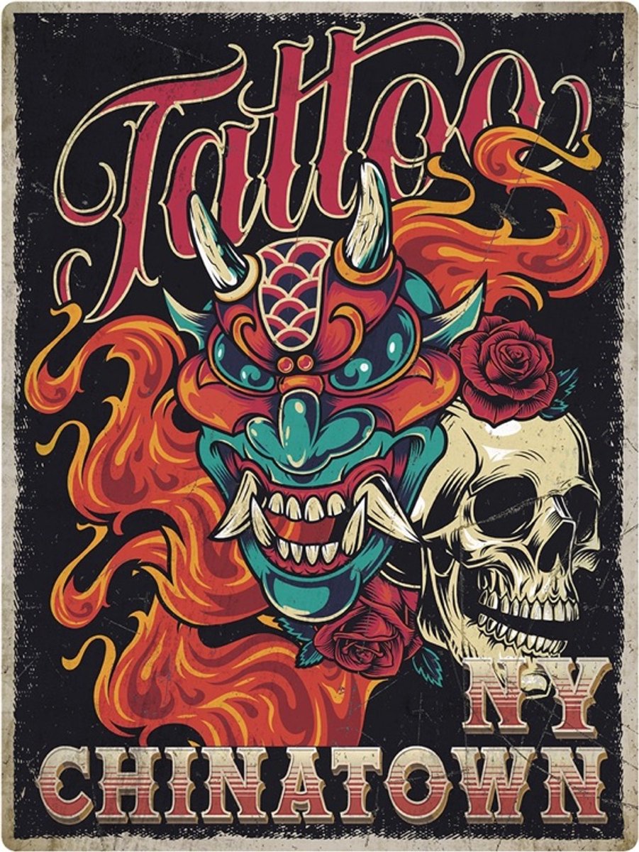 Signs-USA Signs USA - retro wandbord - dibond - Tattoo NY Chinatown - 33 x 44 cm Multicolor