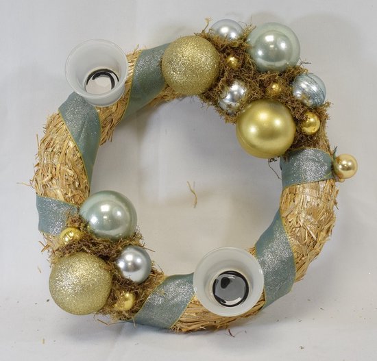 ZoeZo Design - couronne - roseau - Ø 30 cm - couronne couchée - couronne de Noël - couronne de table - avec 2 photophores - menthe - bleu clair - or - marron - pièce de Noël