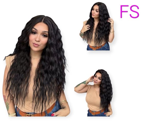 Frazimashop- 26 inch Bruin Pruik Hittebestendige - Pruiken Dames Lang krul Haar kleur 1 zwrt- #Front Lace Wig 13x1# Hoge kwaliteit synthetische pruik 55 cm