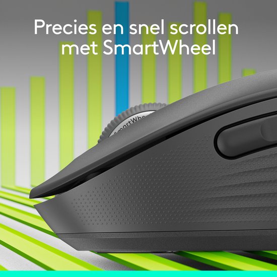 Close-up van de Logitech M650 L muis, met de tekst "Precies en snel scrollen met SmartWheel" op een achtergrond van grafieken.