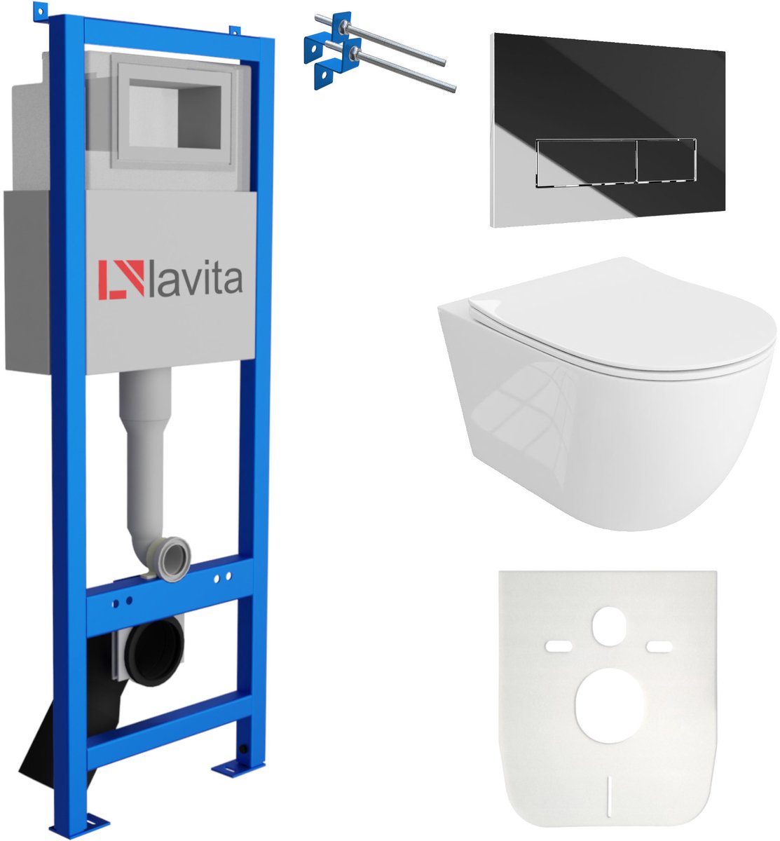 LAVITA® Inbouwreservoir Complete Toiletset LAV 101 - Inbouw WC Hangtoilet Wandcloset SINTO GRANDE Wit Hoogglans - Bedieningsplaat 200.3.2 Chroom - Voorwandelement voor toilet 40cm - Installatiesysteem