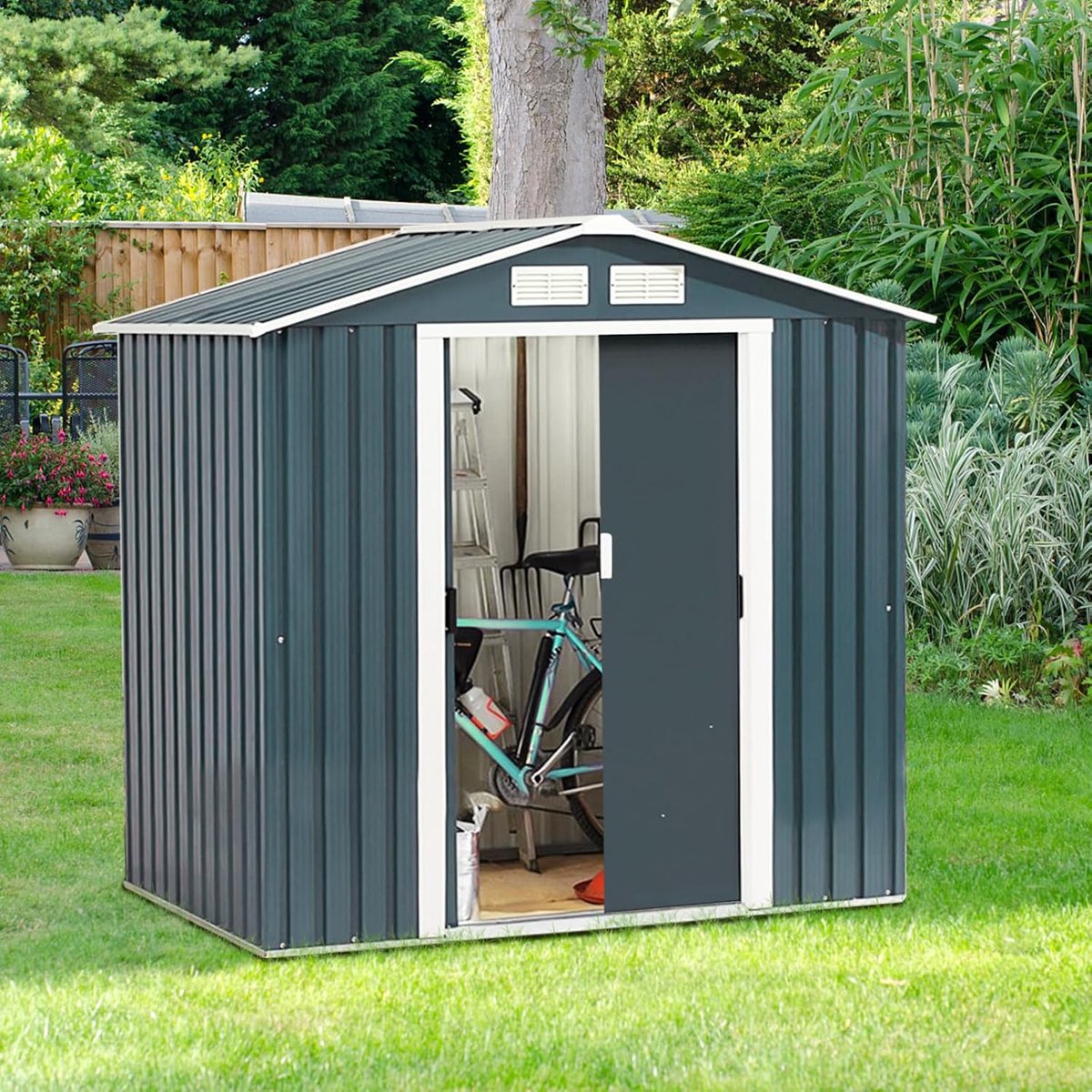 COSTWAY Tuinhuis Metaal, 163 x 86 cm Gereedschapsschuur Weerbestendig met afsluitbare schuifdeur & zadeldak, Gereedschapshuis Outdoor voor fietsen, vuilnisbakken, gereedschappen