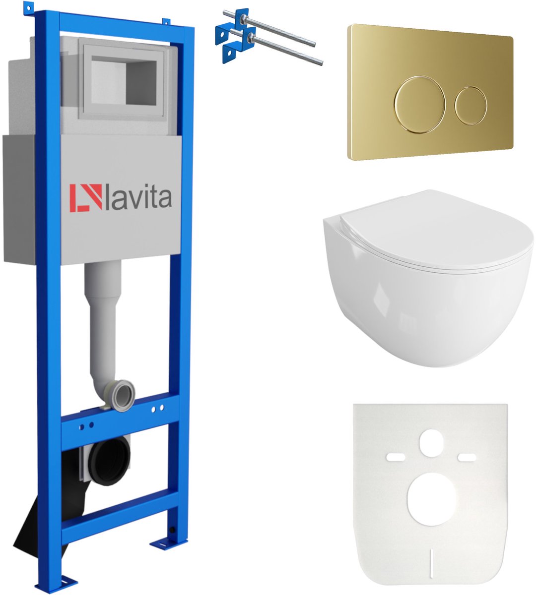 LAVITA® Inbouwreservoir Complete Toiletset LAV 101 - Inbouw WC Hangtoilet Wandcloset MONDO Wit Hoogglans - Bedieningsplaat 200.4.5 Gouden - Voorwandelement voor toilet 40cm - Installatiesysteem