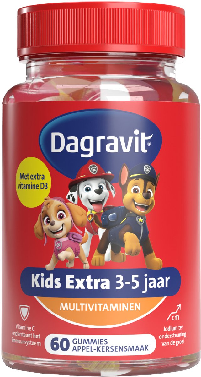 Goedkoopste Dagravit Kids Paw Patrol 3-5 jaar multivitaminen - Vitamine C en mineraal zink dragen bij aan normaal functioneren van het immuunsysteem - 60 gummies