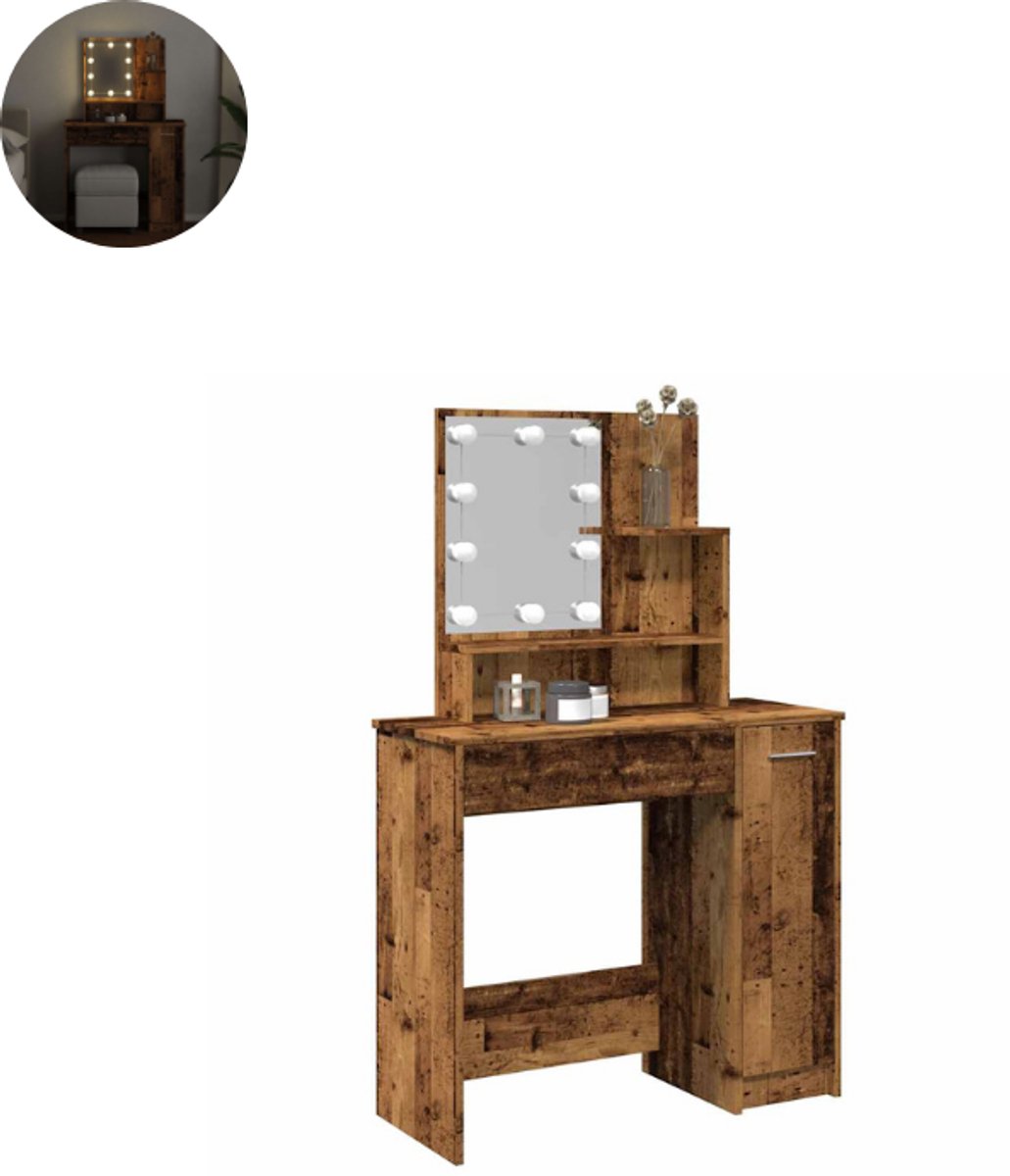 GranMaison Kaptafel met spiegel - Make up tafel - Make up - Toilettafel - Met lades - 86,5x35x136 cm - Oud Hout