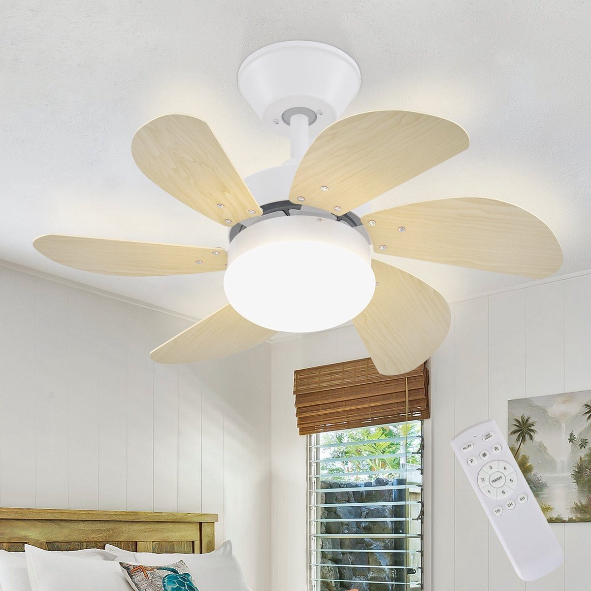 NETTLIFE Plafondventilator Met Verlichting - E27 - houtkleur - 6 Bladen Ventilator - met Afstandsbediening - 75cm - Timing Plafondlamp - Voor Woonkamer | Slaapkamer | Keuken | Eetkamer-excl. lichtbron