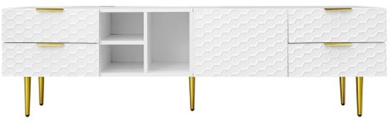 Idemon TV-kast, lowboard met gestructureerde deur, tv-meubel met laden, gouden handgrepen en gouden poten. (White