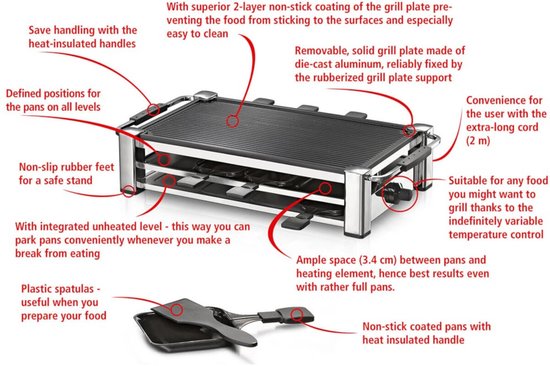 Rommelsbacher Raclettegrill RCC 1500 Mode - Gourmetset voor 8 personen - luxe raclette met omkeerbare grillplaat - antiaanbaklaag - inclusief pannetjes en spatels - 1500W - XXL snoer — afbeelding 3