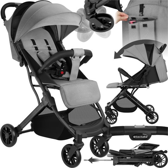 tectake® - Buggy kinderwagen Finn - Lichtgewicht plooibuggy - Inklapbaar en met opvouwbare en zonwerende kap - Draagkracht 15kg - Grijs
