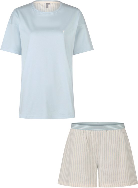 By Louise Dames Korte Pyjama Set Shortama Lichtblauw/Off-White Gestreept - Maat XL