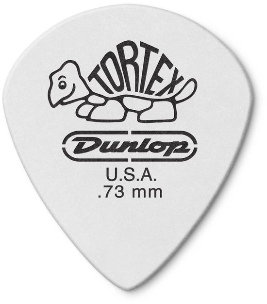 Médiator blanc avec tortue Tortex et logo Dunlop. U.S.A. .73 mm.