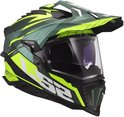 Casque de moto LS2 Explorer vert avec des rayures jaunes, une visière et un becquet réglable.