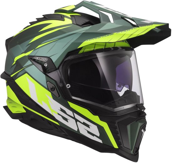 Casque de moto LS2 Explorer vert avec des rayures jaunes, une visière et un becquet réglable.