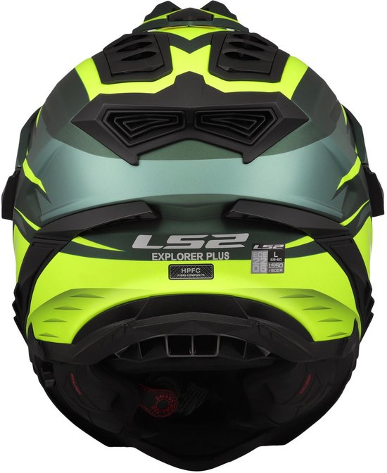 Arrière d'un casque de moto LS2 Explorer vert avec des rayures jaunes et des évents.