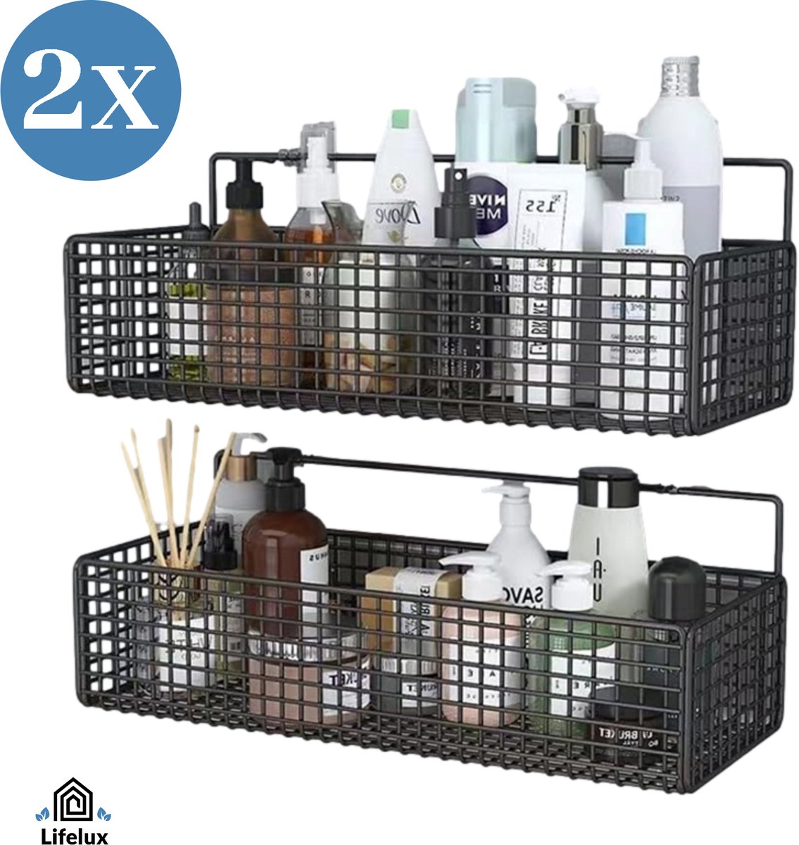 LifeLux Luxe Doucherekjes Set – 2 stuks | Metaal, Zelfklevend & Zonder Boren | Zwart, Roestvrij & Met Haakjes voor Accessoires