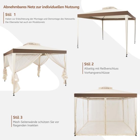 COSTWAY 3x3m paviljoen pergola prieel partytent weerbestendig UV-bescherming - met 4 klamboe zijpanelen dubbel dak