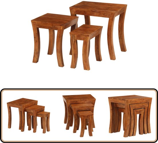vidaXL Tafeltjesset 3 st massief acaciahout, bijzettafel, woonkamertafel, accenttafel, banktafel, bank tafel, bijzet tafel, theetafel, telefoontafel