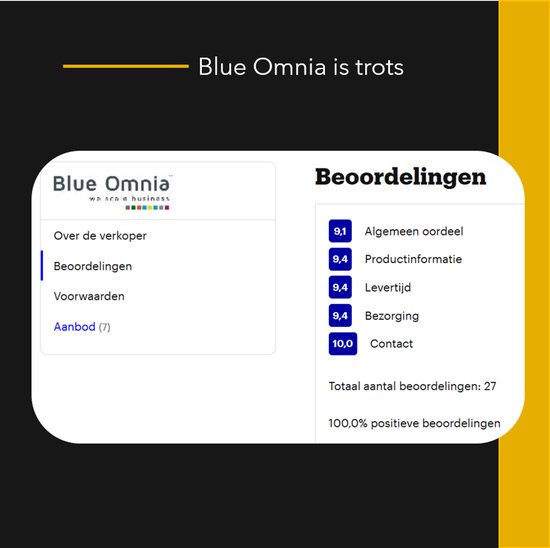 Overzicht van verkopersbeoordelingen van Blue Omnia met een score van 10,0 voor contact.
