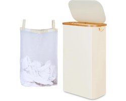 Hoge Wasmand 60 l - Beige - Afneembare Binnenzak - Inclusief Bamboe Handvat