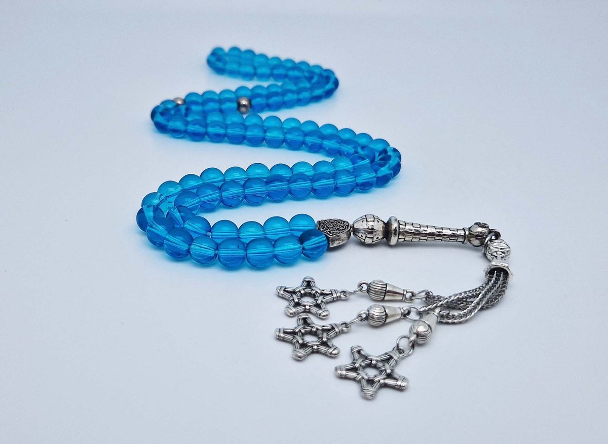 Handgemaakte tesbih "Tasbih" natuursteen " Blauwe kwarts " - Aantal kralen 99 - Diameter kralen 8MM - met metaal tassel "Grote sterren" - Een mooi cadeau-idee