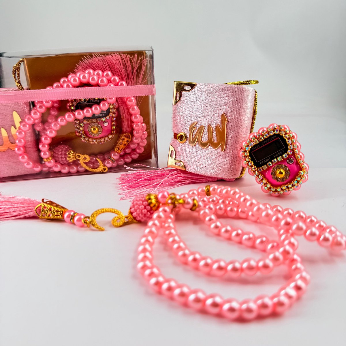 6x 3-Delige Islamitisch Cadeauset (Tasbeeh, Mini Quran, Zikirmatik) - Ramadan & Eid Geschenk - Roze