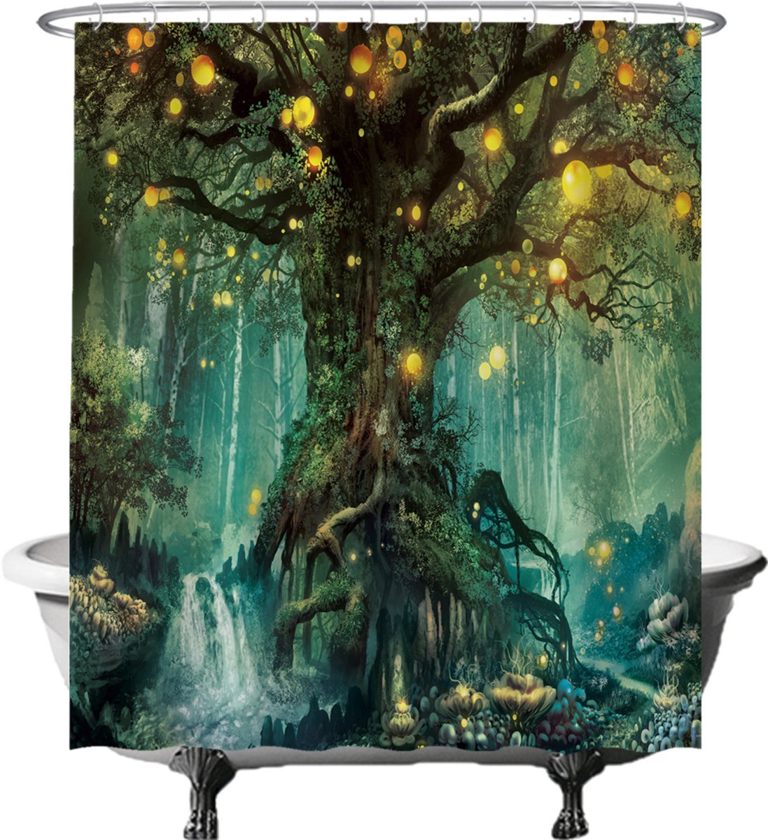 Ulticool Douchegordijn - Sprookje Elf Boom Magisch Bos Natuur - 180 x 200 cm - semi Transparant - met 12 Ringen Wit - anti Schimmel - Decoratie Hout Lente voor Binnen - Groen