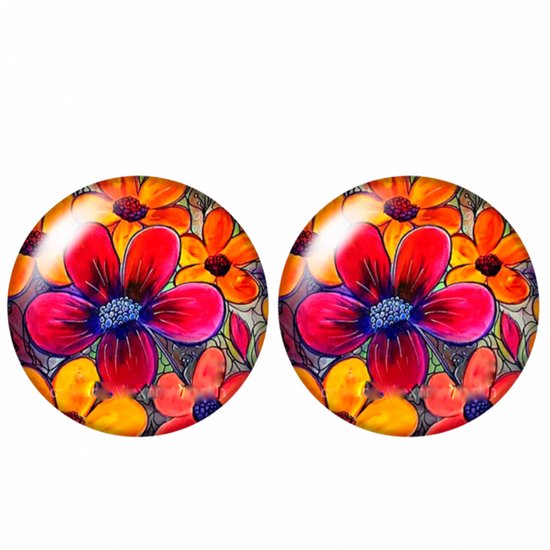 Rode en oranje bloemen op rode ronde clip-oorbellen van 2 cm.