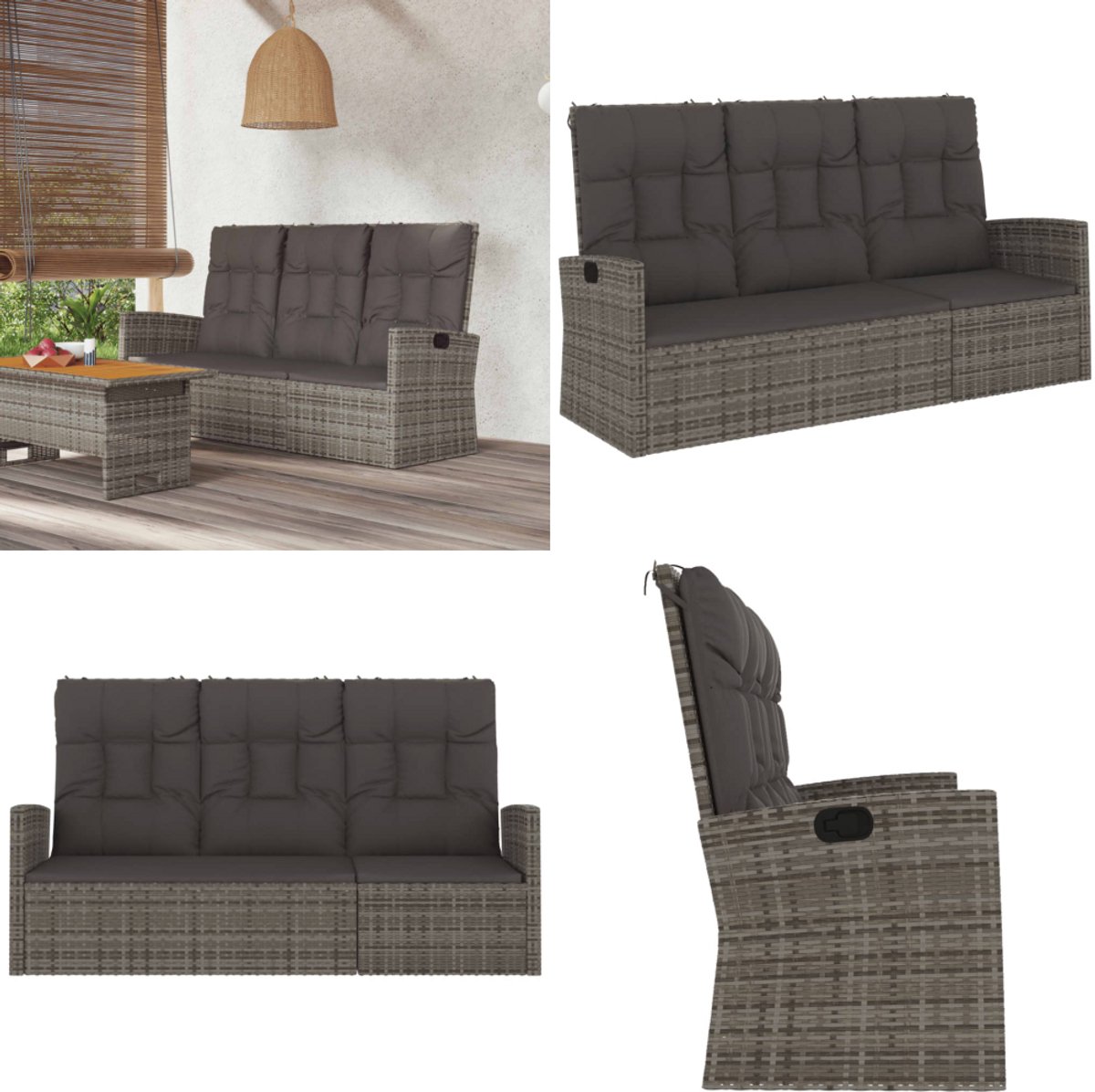 vidaXL Tuinbank verstelbaar met kussens 173 cm poly rattan grijs - Tuinbank - Tuinbanken - Tuinbankje - Bank