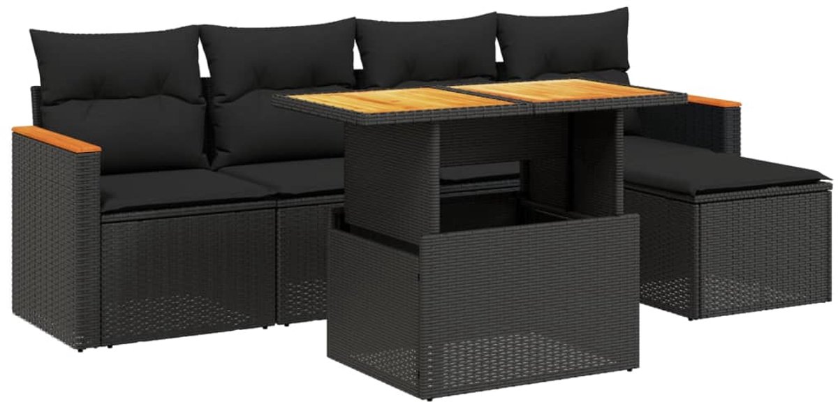 The Living Store 6-delige Loungeset met kussens poly rattan zwart - Loungeset - Lounge Set - Tuinlounge - Buitentijnen - Outdoor Furniture