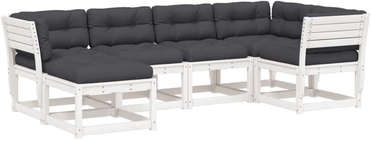 The Living Store 6-delige Loungeset met kussens massief grenenhout wit - Tuin Set - Lounge Set - Tuinset Hout - Houten Loungebank - Buitendiner