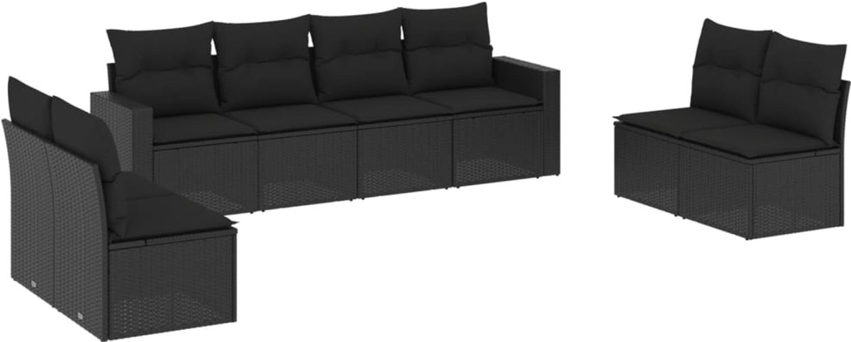 The Living Store 8-delige Loungeset met kussens poly rattan zwart - Loungeset - Tuinset - Buitendecoratie - Lounge Set - Outdoor Furniture