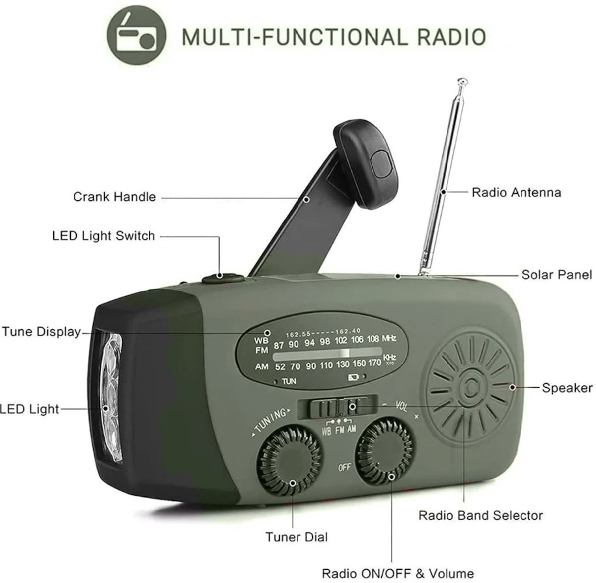 Noodradio Groen - Solar Radio - Solar Noodradio - Survival Radio - Radio op Batterijen - Emergency Radio - Dynamo Radio - Noodgeval Radio - Draagbare Radio - Opwindbaar - Zwengelradio - Portable Radio