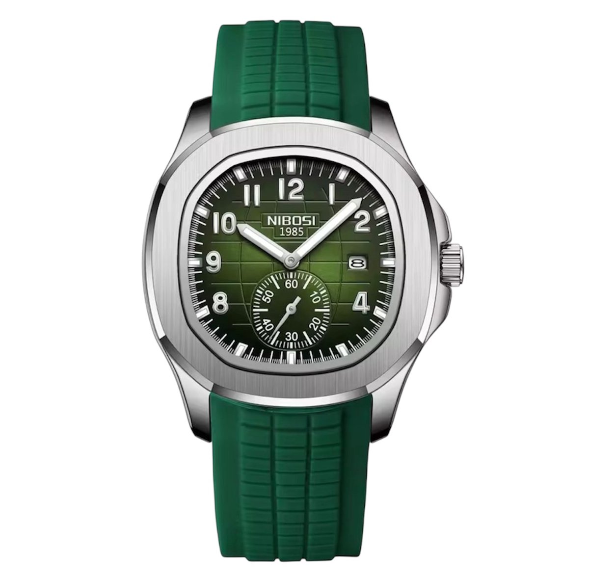 Nibosi - Luxe Herenhorloge - Mannen - Siliconen Sportband - Zilver Groen - Luxe Doos - RVS