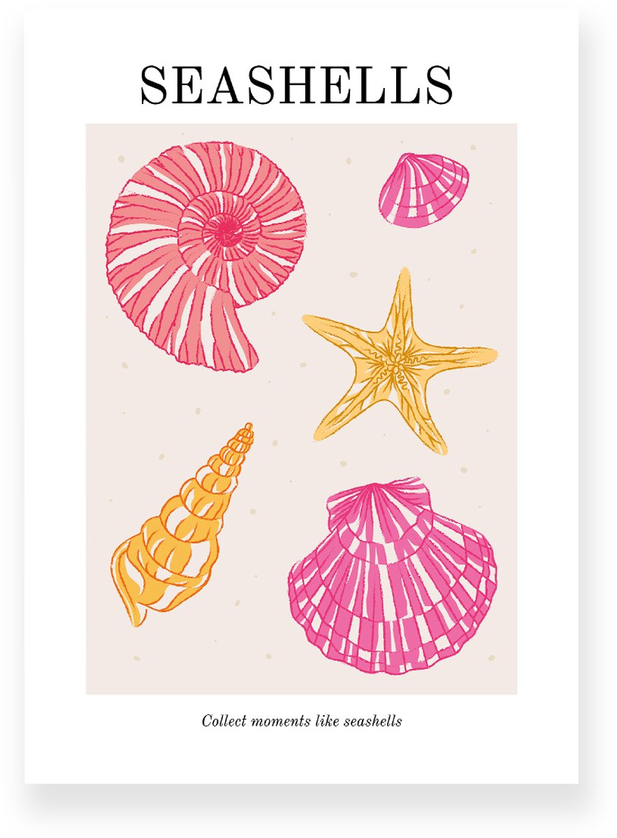 Yisual Poster 50x70 cm - Seashells - Strand - Roze - Geel - Minimalistisch - Boho - Muurdecoratie - Wanddecoratie