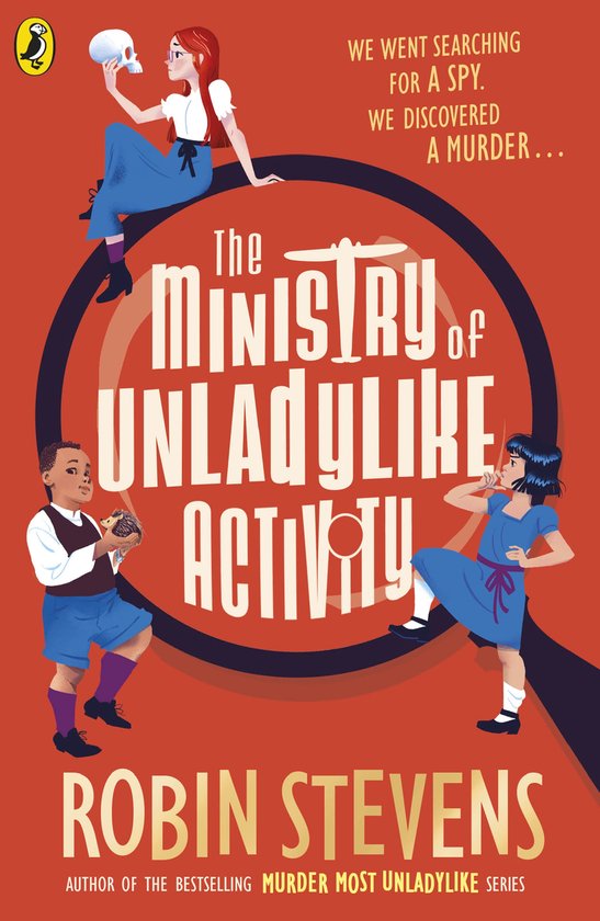 Boekcover met de titel "The Ministry of Unladylike Activity" en drie kinderen die een mysterie onderzoeken.
