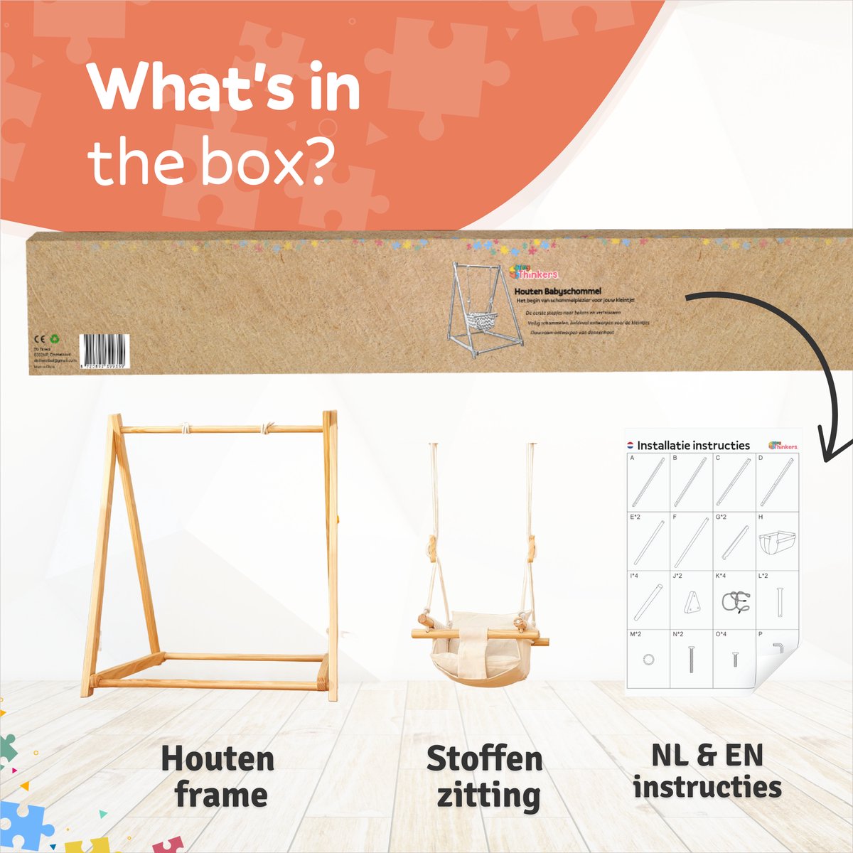 Houten Babyschommel - Met Schommelstoel - 6 tot 36 maanden - Inklapbaar - Baby Swing - Baby - Wipstoel Baby - Baby Zitje - Dennenhout - Houten Speelgoed – foto 4