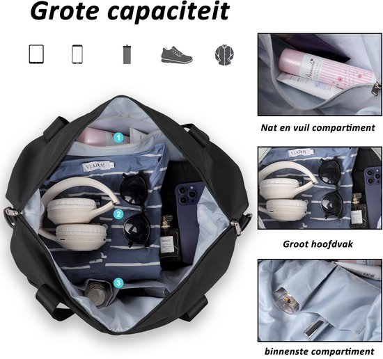 Sac de voyage TAN.TOMI - Sac de sport pour femme et homme - 42x23x40 cm - Avec housse Smart pour valise - Sac de Bagage à main - Sac de sport pliable et étanche - Zwart