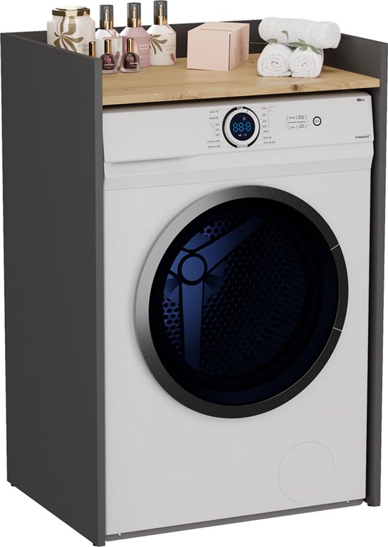 Antraciet wasmachinekast met houten details, een wasmachine en toiletartikelen op het blad.