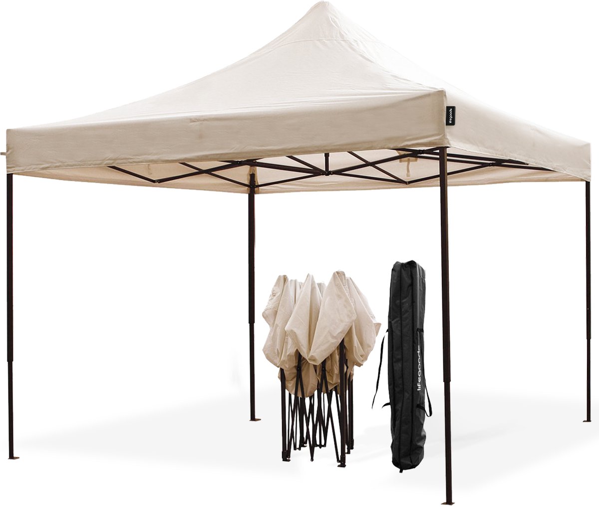 Bol.com LifeGoods Partytent - Opvouwbaar - 3x3 m - Easy Up - Paviljoen - Waterdicht - Draagtas met Wieltjes - Beige aanbieding